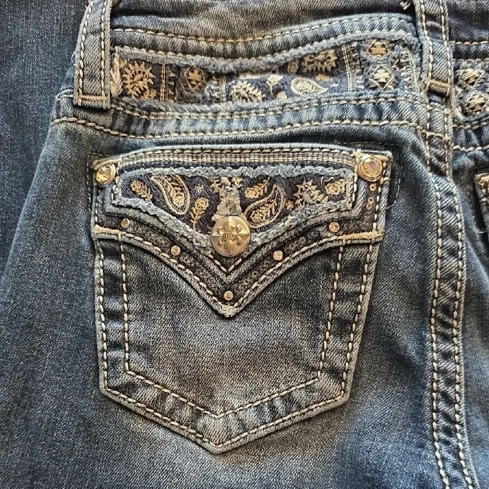 Miss Me Dark Blue Boot Cut Jeans with Embellished Pockets